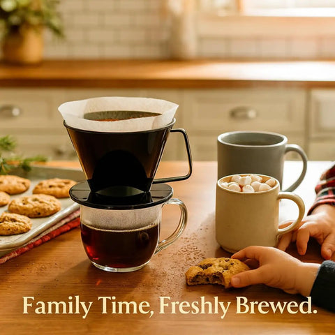 Pour Over Coffee Filter Cone, Number 1 Size, Black, BPA Free Polypropylene, brews coffee over a mug, with cookies beside.