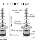 Heavy Duty 5 Tier Electric Chocolate Fountain With 304 Stainless Steel Base, Boasts Fast Heat Settings, detailed parts diagram.