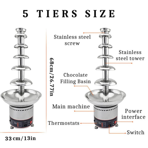 Heavy Duty 5 Tier Electric Chocolate Fountain With 304 Stainless Steel Base, Boasts Fast Heat Settings, detailed parts diagram.