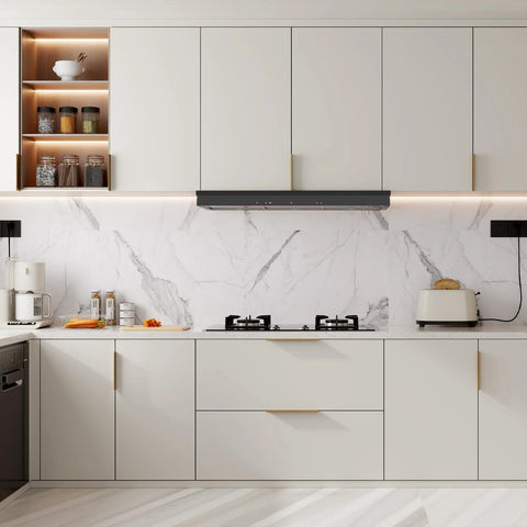 Modern kitchen with Champagne Bronze Edge Finger Pull Cabinet Handles 5 Inch Center 128mm Flat Concealed Mount Aluminum Alloy Hardware.