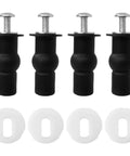 4 Pack Toilet Seat Bolts Kit With Hinge Screws And Rubber Expansion Nuts For 14 To 16mm Hole Seats Universal Fixings Easy Mount And Repair Parts For A Solid Wobble Free Fit, showing black bolts and white washers