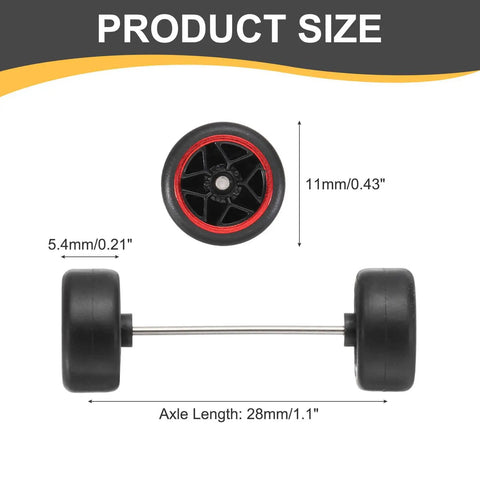 Four Piece 1 By 64 Scale Wheel And Tire Set With Real Riders Rims And Axles, product size dimensions illustrated.
