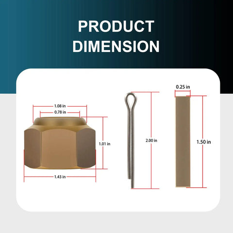 Brass Prop Nut Kit For Inboard Boats That Fits One Inch And One Eighth Inch Shafts dimensions with nut, pin, and key in brass.