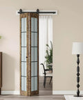 Preassembled Bifold Barn Door Set 32 by 84 Inches With Double 16 by 84 Panels Solid Wood and Grid Glass Includes Hardware Kit
