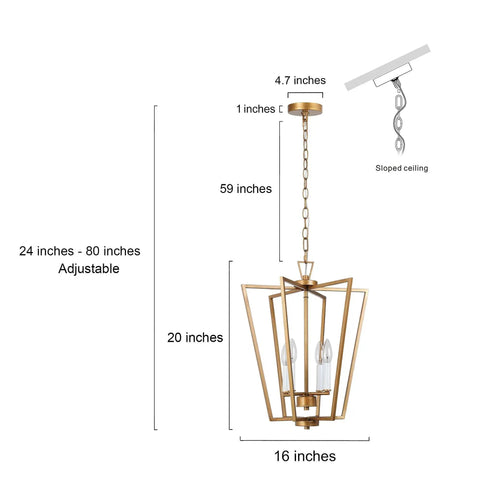 Gold Chandelier With Rotatable Geometric Frames, 4 Light Modern Lantern Pendant For Your Kitchen Island, Dining Room, Foyer And Entryway, Antique Brushed Gold Finish, Sixteen Point Two Inches Wide By Twenty Inches High, with adjustable chain.