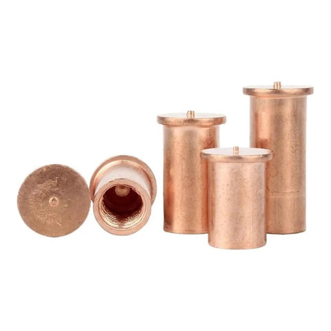 Built Tough Heavy Duty Carbon Steel Copper Plated Spot Weld Studs And Nuts for PCB LED SMT mounts, showing various sizes and angles.