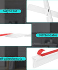 Collapsible Silicone Shower Threshold Water Dam Barrier, flexible, easy to cut, 360° bendable, with self-adhesive strip detail.