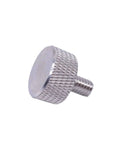Close-up of a Knurled Head Thumb Screw With Collar, Aluminum, 1/4-20 UNC Threads, 1/2 Inch Length, Silver for secure mounts.