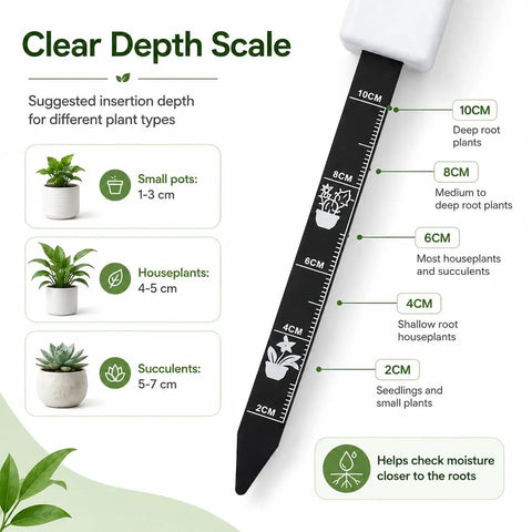 Easy Soil Moisture Meter For Indoor And Outdoor Plants, 3 Color Light Indicator, One Button Soil Tester Probe For Houseplants, Succulents, Garden, Potted Plants, Quick Read For A Healthy Green Thumb; depth scale 2-10cm