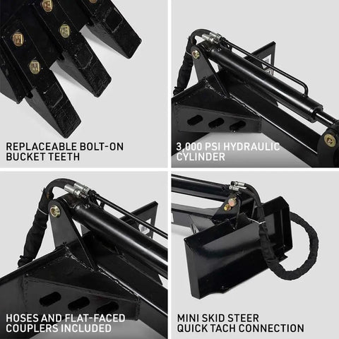 Mini Skid Steer Fronthoe Backhoe Attachment with 12 Inch Hydraulic Tilt Bucket and Toro Quick Tach Mounting System close-up details