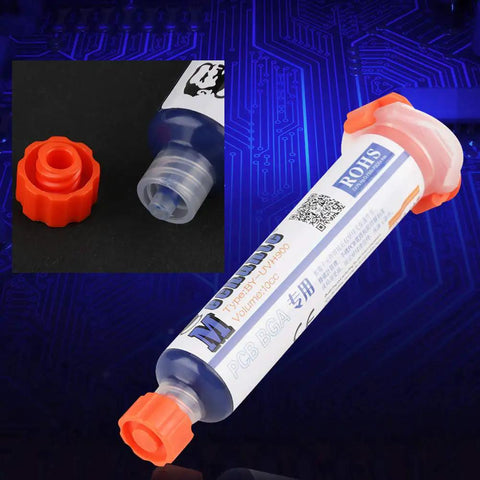 DIY Friendly UV Curing Solder Paste For PCB Repairs, Non Clean Flux That Requires No Wash, syringe with red cap detail