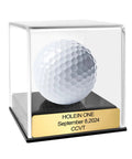 Hole In One Golf Display Case With Acrylic Ball Holder And Custom Engraved Plaque, golden finish showcasing a golf ball