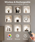 Rechargeable Puck Lights With Remote Control 2400mAh USB C Rechargeable Tap Lights illuminating wall decor.