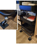 Bed Stoppers And Furniture Cups Set Four Pack 3 Inch By 3 Inch Heavy Duty Premium Silicone Caster Cups installed under shelf wheels