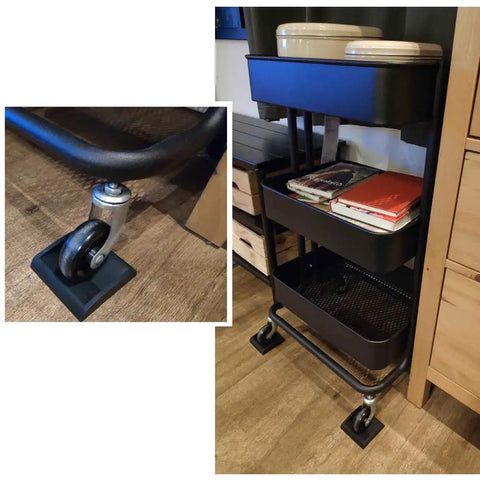 Bed Stoppers And Furniture Cups Set Four Pack 3 Inch By 3 Inch Heavy Duty Premium Silicone Caster Cups installed under shelf wheels