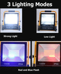 Rugged Rechargeable Led Work Flood Light With Solar Panel And IP65 Weatherproof Design showcasing 3 lighting modes including strong, low, and flash.
