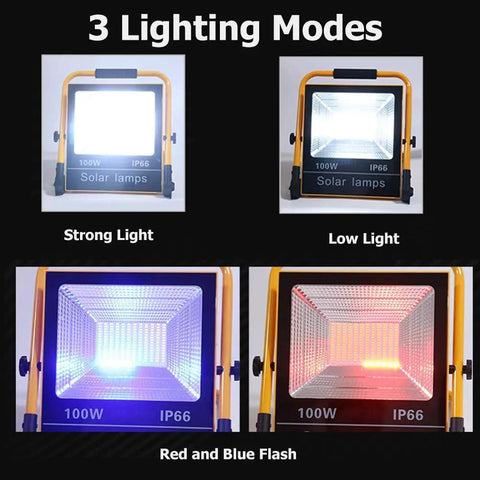 Spot Lighting Portable Led Lights Rechargeable Work Flood Lights Water, showing three lighting modes: strong, low, red and blue flash.