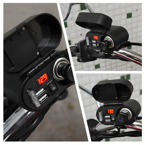 Dual USB Charger Socket 5 Volt 3 Amp 4 In 1 Motorcycle Handlebar Clamp Power Adapter With Clock Lighter Socket And Voltmeter display