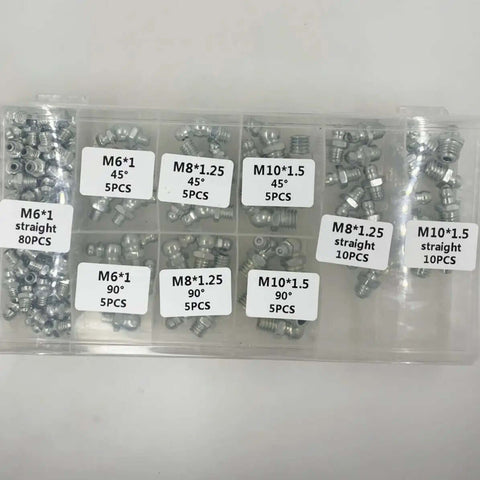 Cool 260 Piece Hydraulic Grease Fitting Replacement Kit With Galvanized Iron For M6 M8 M10 Straight And Angled Nipples Perfect For Mechanical Assemblies And Bearings in plastic case