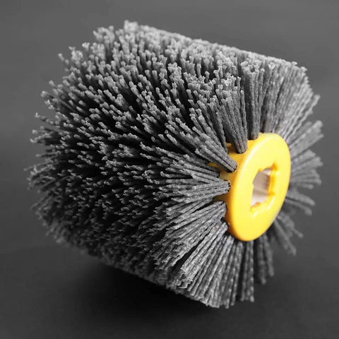 Close-up of Wire Brush Wheel For Burnishing And Polishing, 240 grit, 19mm center, 120mm diameter, black finish, side view