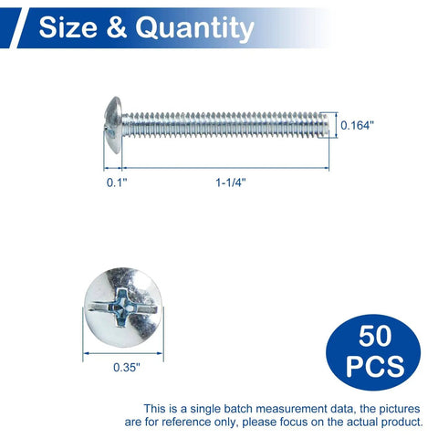 Diagram of 50 Pack 8-32 x 1-1/4 Inch Cabinet Door And Drawer Screws with dimensions and top view of Phillips or slotted head.