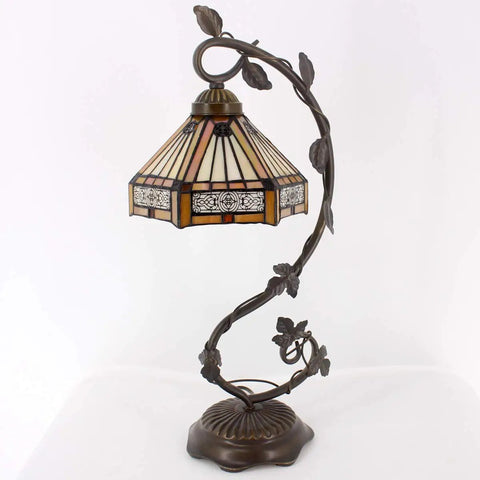 Tiffany Style Stained Glass Table Lamp With Yellow Hexagon Shade, 8 Inch Lampshade, 21 Inch Tall, Bronze Resin Base