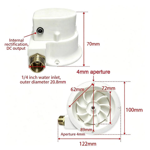 Dimensions and components of Portable 50W Micro Hydro Generator for Off Grid Power with 1/4 inch water inlet.