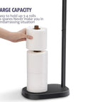 Freestanding Toilet Paper Holder With Acacia Wood Shelves And Black Steel Stand Mega Roll Friendly Bathroom Organizer