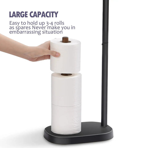 Freestanding Toilet Paper Holder With Acacia Wood Shelves And Black Steel Stand Mega Roll Friendly Bathroom Organizer
