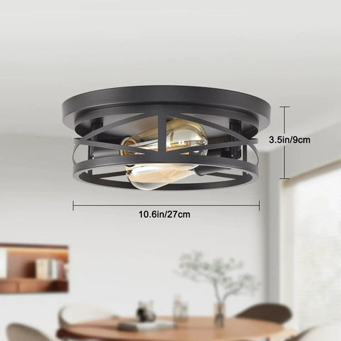 Black Flush Mount Ceiling Light Industrial Vintage Metal Cage Fixture Close To Ceiling For Kitchen Hallway Bedroom Farmhouse Modern Style With Sturdy Frame And Multi Layer Paint Finish, installed view