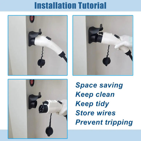 Installation of EV Charger Holder Wall Mount For SAE J1772 Cables showing cable management and space-saving benefits.