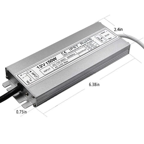 Outdoor LED Driver 12V DC 150W Power Supply IP67 Waterproof Transformer with slim durable case and US three prong plug