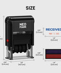 No Sweat Self Inking Date Stamp Engineered For Quick Adjustable Marking with dimensions and ink pads displayed.