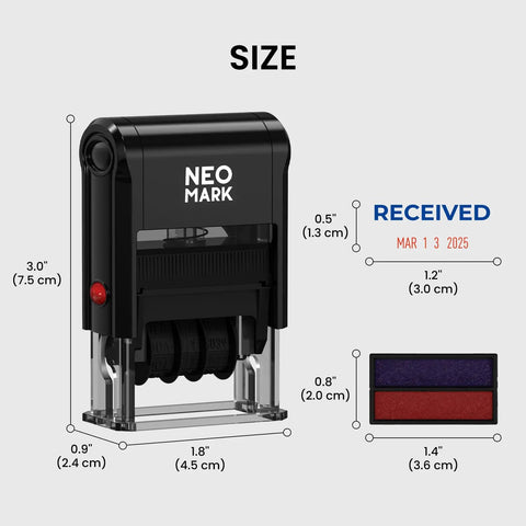 No Sweat Self Inking Date Stamp Engineered For Quick Adjustable Marking with dimensions and ink pads displayed.