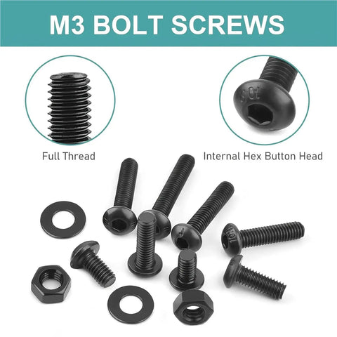 700 Piece M3 Hex Head Cap Screws Metric Machine Bolts Nuts Washers Assortment Kit For Grab And Go DIY Projects And Repairs Durable Solid Material Precise Threads For Smooth Engagement And Long Lasting Fastening. Black M3 hex head bolts, nuts, and washers with full threads