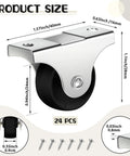 24 Pieces 1 Inch Small Fixed Castor Wheels with Metal Top Plate for Furniture and Small Appliances Rigid Non Swivel Casters Heavy Duty Black Wheels Include 48 Screws for Easy Replacement, with dimensions and screws shown.