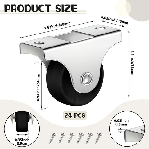 24 Pieces 1 Inch Small Fixed Castor Wheels with Metal Top Plate for Furniture and Small Appliances Rigid Non Swivel Casters Heavy Duty Black Wheels Include 48 Screws for Easy Replacement, with dimensions and screws shown.