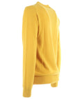 Side view of a yellow long-sleeve sweater with a ribbed hem and cuffs, displayed on a white background.
