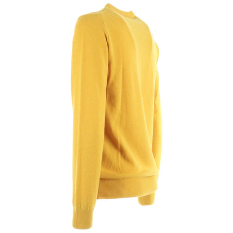 Side view of a yellow long-sleeve sweater with a ribbed hem and cuffs, displayed on a white background.