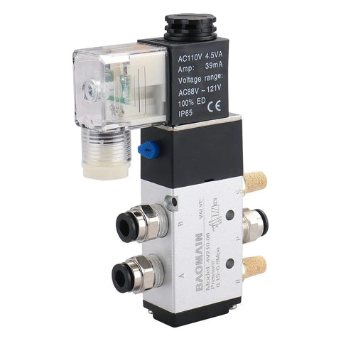 4V210-08 Pneumatic Solenoid Valve Kit 110V AC 5 Way 2 Position with One Quarter Inch PT Ports and 3 Push In Fittings for 6 mm Tube