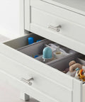 White dresser with two drawers featuring 10 Pack Knurled Champagne Bronze Kitchen Cabinet Knobs Gold Dresser Drawer Knobs Single Hole T Bar Pull Handles for Kitchen Wardrobe Cupboard DIY Friendly Home Upgrade.