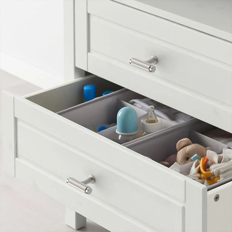 White dresser with two drawers featuring 10 Pack Knurled Champagne Bronze Kitchen Cabinet Knobs Gold Dresser Drawer Knobs Single Hole T Bar Pull Handles for Kitchen Wardrobe Cupboard DIY Friendly Home Upgrade.
