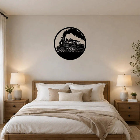 Rustic Steam Locomotive Metal Wall Art Decor for Bedroom, Vintage Circular Train Scene Sign, Outdoor Friendly Artwork