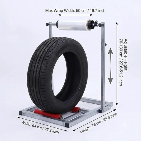 Hella Adjustable Tire Wrap Dispenser Stand For Car And Truck Wheels With Dual Roller Base Smooth Rotating Platform displaying dimensions and tire.