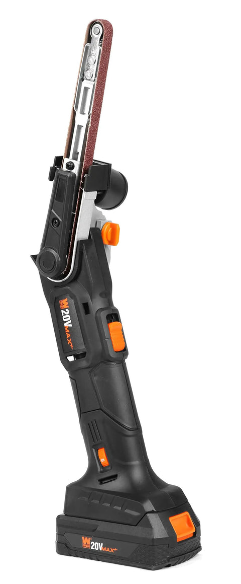 Cordless Detail File Sander With Variable Speed 1000 To 1600 FPM Auto Tracking Belt No Fuss Tool Free Belt Changes Pivot Up To 55 Degrees