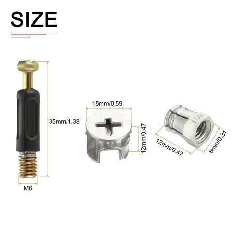 Three In One Furniture Connector Kit for Wood Wardrobes, Cupboards, and Bookshelves, 20 Sets includes cam lock nut and dowel sizes