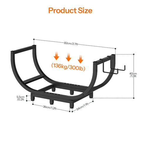 Sturdy Steel Firewood Rack For Indoor And Outdoor Use 32 Inch Log Holder dimensions and design with tool hook and adjustable feet.
