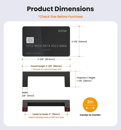 Diagram showing dimensions for 20 Pack 3 Inch Hole Center Kitchen Cabinet Handles, Solid Zinc Alloy, Matte Black.