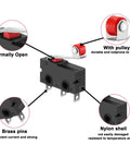 Diagram showing a 10 Pack Micro Limit Switch KW12 3 With Roller Lever Arm SPDT 1NO 1NC 250V 5A, detailing brass pins and nylon shell features.