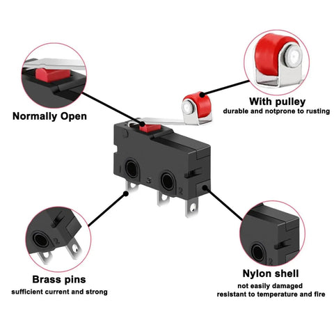 Diagram showing a 10 Pack Micro Limit Switch KW12 3 With Roller Lever Arm SPDT 1NO 1NC 250V 5A, detailing brass pins and nylon shell features.